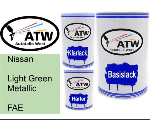 Nissan, Light Green Metallic, FAE: 500ml Lackdose + 500ml Klarlack + 250ml Härter - Set, von ATW Autoteile West.